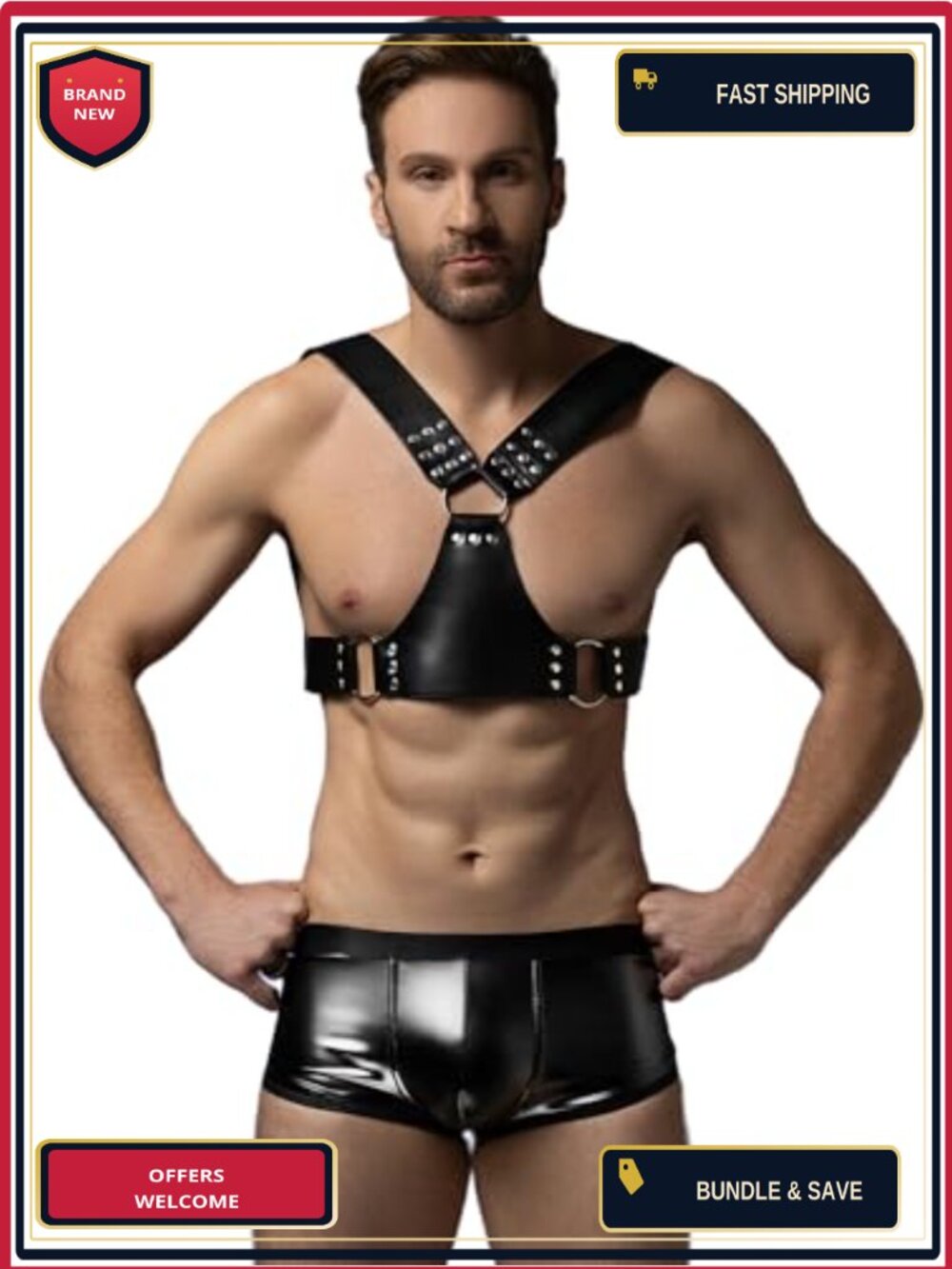 Men's Police Officer Roleplay Costume Set Faux Leather Vest Mesh Shorts
